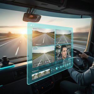 Vista desde el interior de la cabina de un camión de carga en movimiento. Un conductor profesional maneja mientras una pantalla holográfica muestra transmisiones de video en tiempo real de cámaras ADAS y DSM. Se observa un sistema de sensores inteligentes en el tablero, representando la videotelemetría con IA del Plan Vision de IATrace.