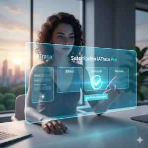 Una mujer profesional interactuando con una interfaz digital táctil y transparente en una oficina moderna. La pantalla muestra diferentes opciones de suscripción (Básico, Avanzado, Premium) con un botón de 'Confirmar Suscripción', simbolizando la facilidad y el control al elegir un plan de servicios en IATrace.