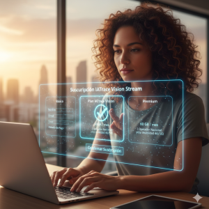 Una mujer experta en tecnología trabaja con una interfaz holográfica avanzada que destaca el Plan IATrace Vision Stream. La pantalla digital muestra especificaciones de 60 GB de capacidad y conectividad de alta velocidad 4G/5G, simbolizando la potencia necesaria para la transmisión de video en tiempo real y seguridad de flotas.